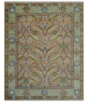 Traditional Floral Peach and Green Hand Knotted 8x10 wool area rug