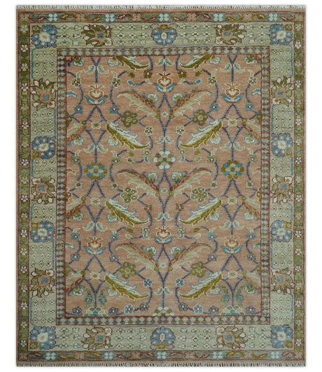 Traditional Floral Peach and Green Hand Knotted 8x10 wool area rug