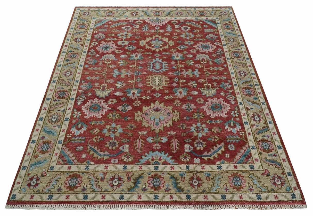 Traditional Floral Rust, Beige and Teal Hand knotted 8x10 Oushak wool Area Rug