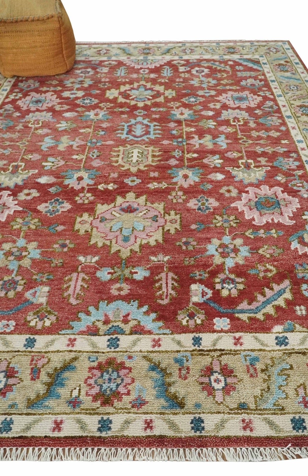Traditional Floral Rust, Beige and Teal Hand knotted 8x10 Oushak wool Area Rug