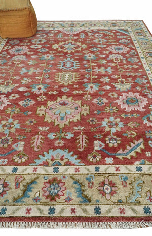 Traditional Floral Rust, Beige and Teal Hand knotted 8x10 Oushak wool Area Rug