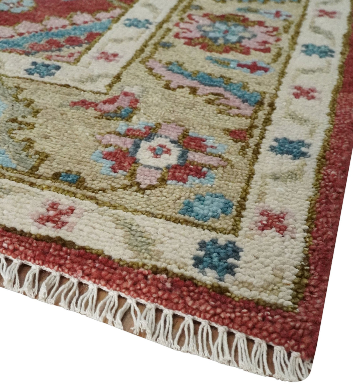 Traditional Floral Rust, Beige and Teal Hand knotted 8x10 Oushak wool Area Rug