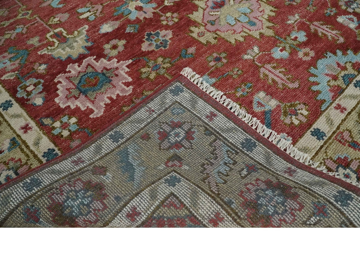 Traditional Floral Rust, Beige and Teal Hand knotted 8x10 Oushak wool Area Rug