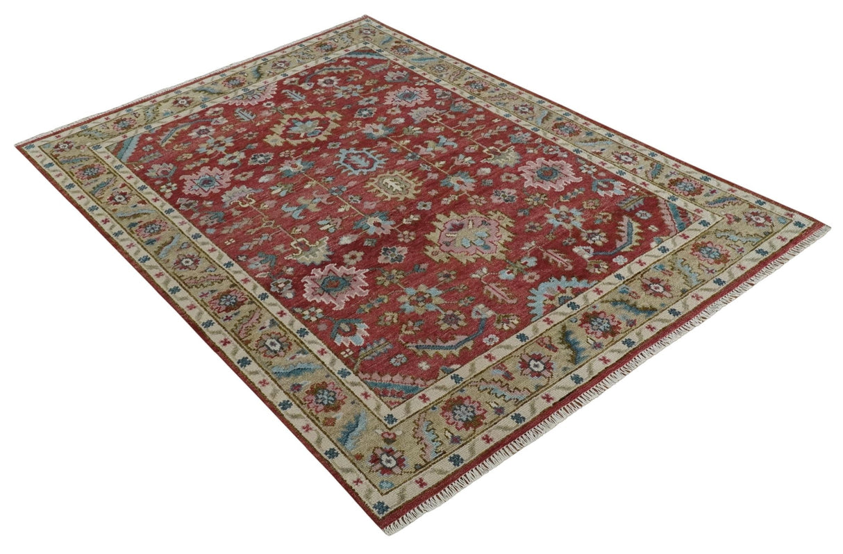 Traditional Floral Rust, Beige and Teal Hand knotted 8x10 Oushak wool Area Rug