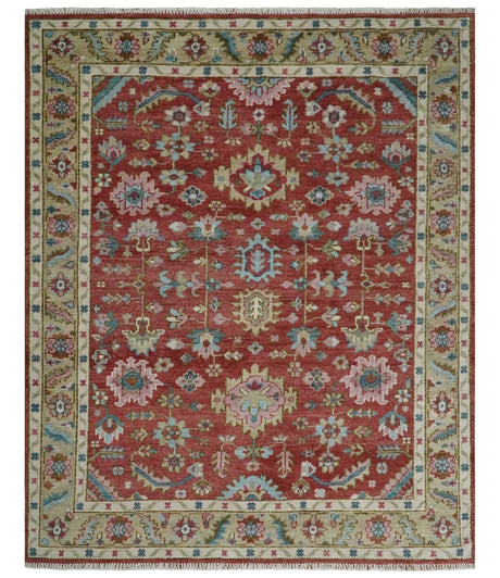 Traditional Floral Rust, Beige and Teal Hand knotted 8x10 Oushak wool Area Rug