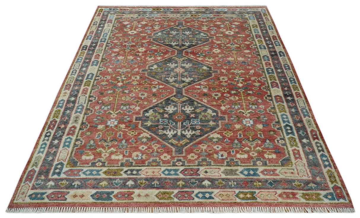 Traditional Floral Rust, Charcoal and Ivory Hand knotted 8x10 wool Area Rug