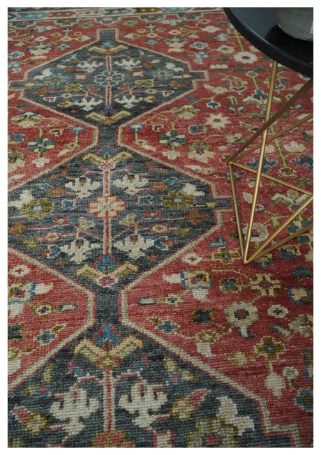 Traditional Floral Rust, Charcoal and Ivory Hand knotted 8x10 wool Area Rug