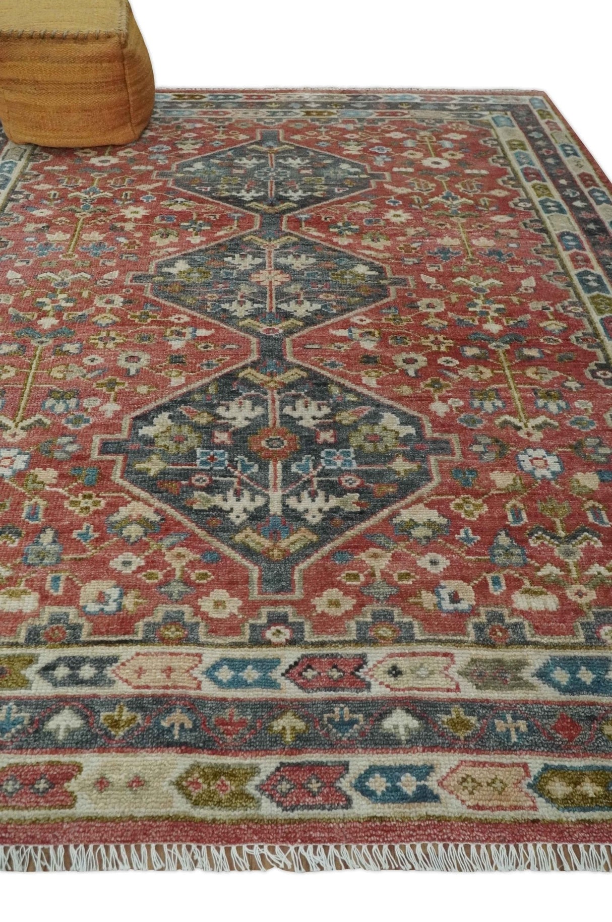 Traditional Floral Rust, Charcoal and Ivory Hand knotted 8x10 wool Area Rug