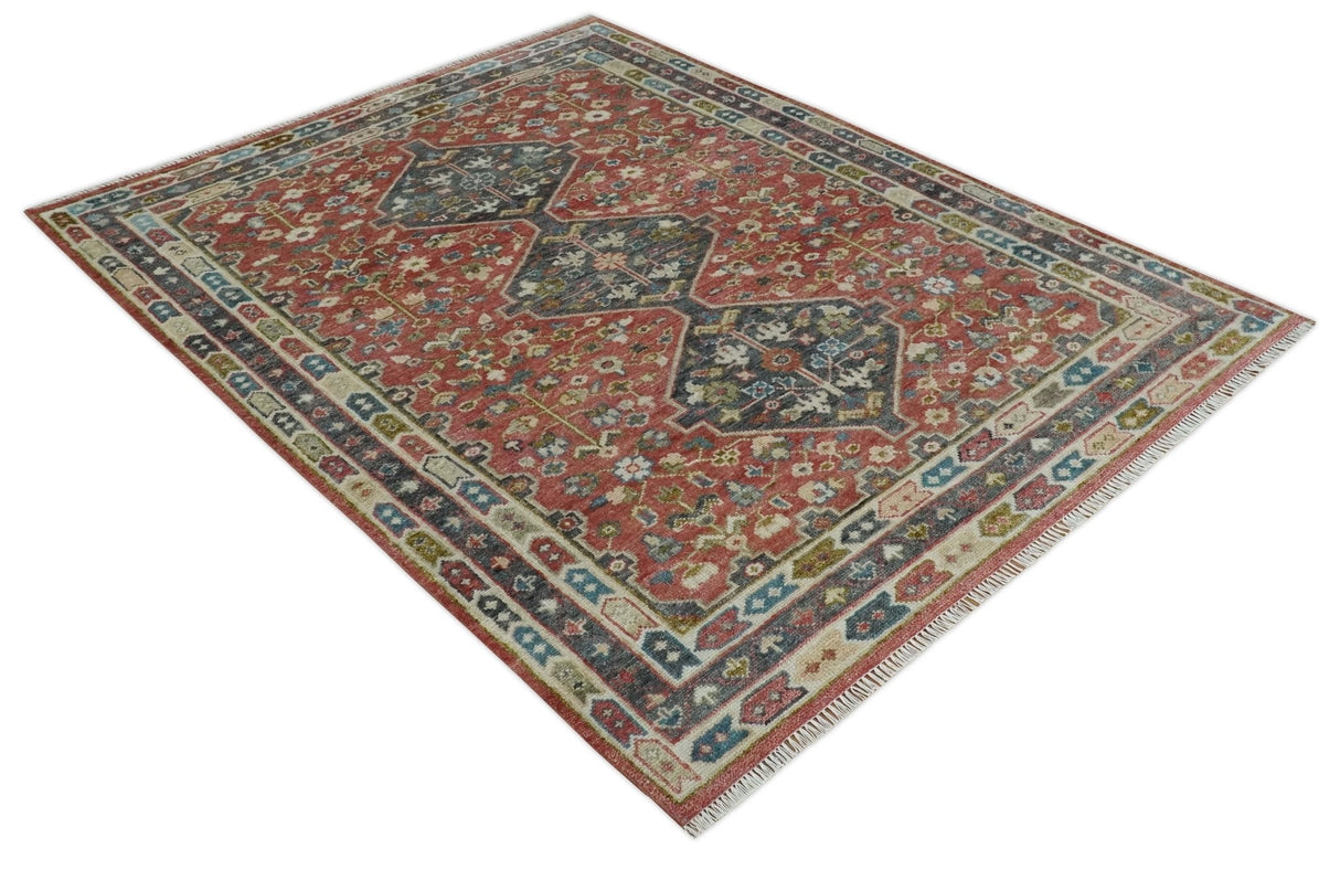 Traditional Floral Rust, Charcoal and Ivory Hand knotted 8x10 wool Area Rug