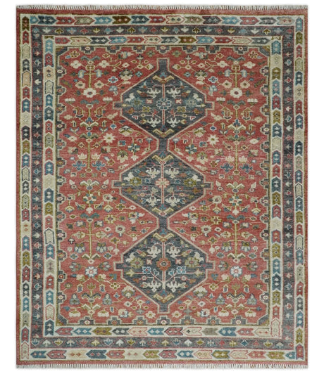 Traditional Floral Rust, Charcoal and Ivory Hand knotted 8x10 wool Area Rug