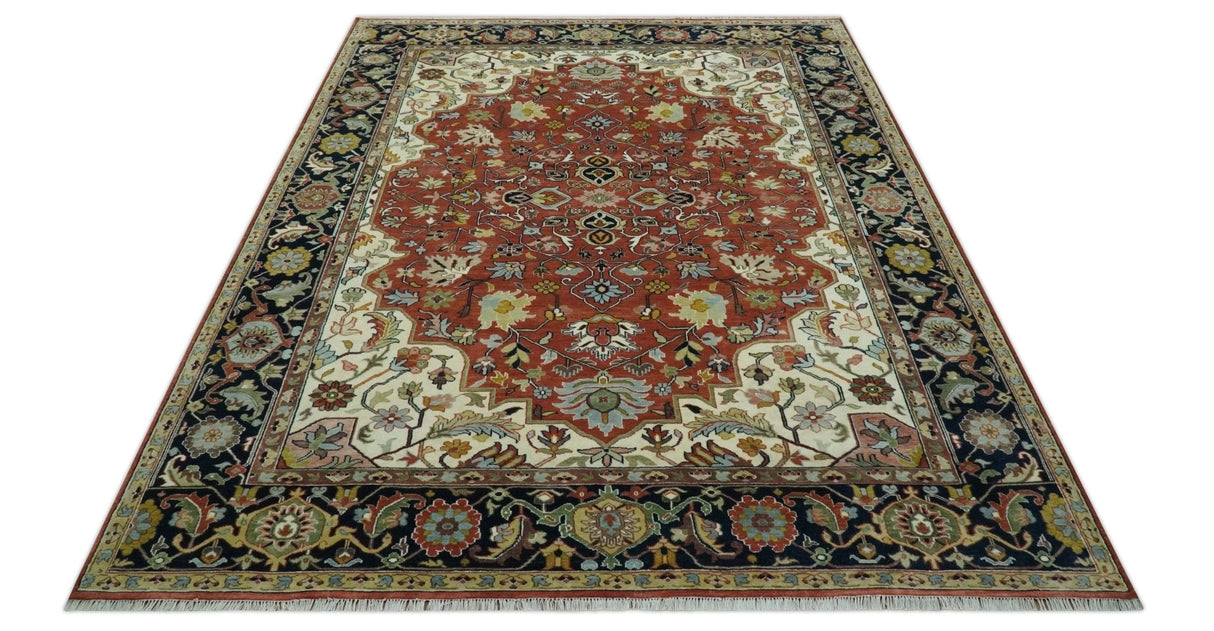 Traditional Floral Rust, Ivory and Blue Fine Hand Knotted 9x12 wool area rug