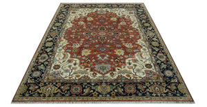 Traditional Floral Rust, Ivory and Blue Fine Hand Knotted 9x12 wool area rug