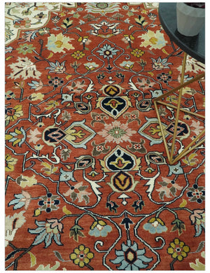 Traditional Floral Rust, Ivory and Blue Fine Hand Knotted 9x12 wool area rug