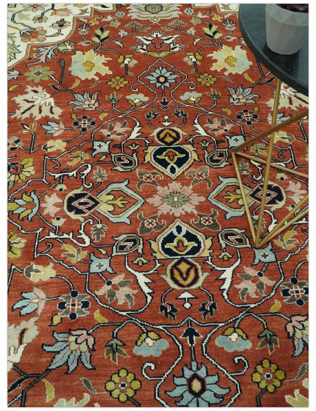 Traditional Floral Rust, Ivory and Blue Fine Hand Knotted 9x12 wool area rug