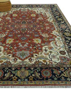 Traditional Floral Rust, Ivory and Blue Fine Hand Knotted 9x12 wool area rug