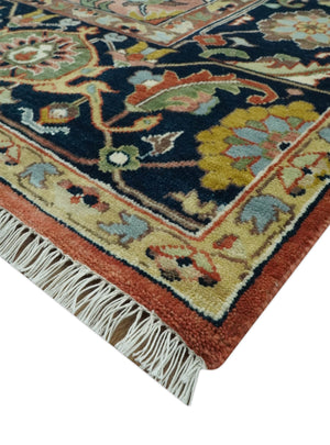 Traditional Floral Rust, Ivory and Blue Fine Hand Knotted 9x12 wool area rug