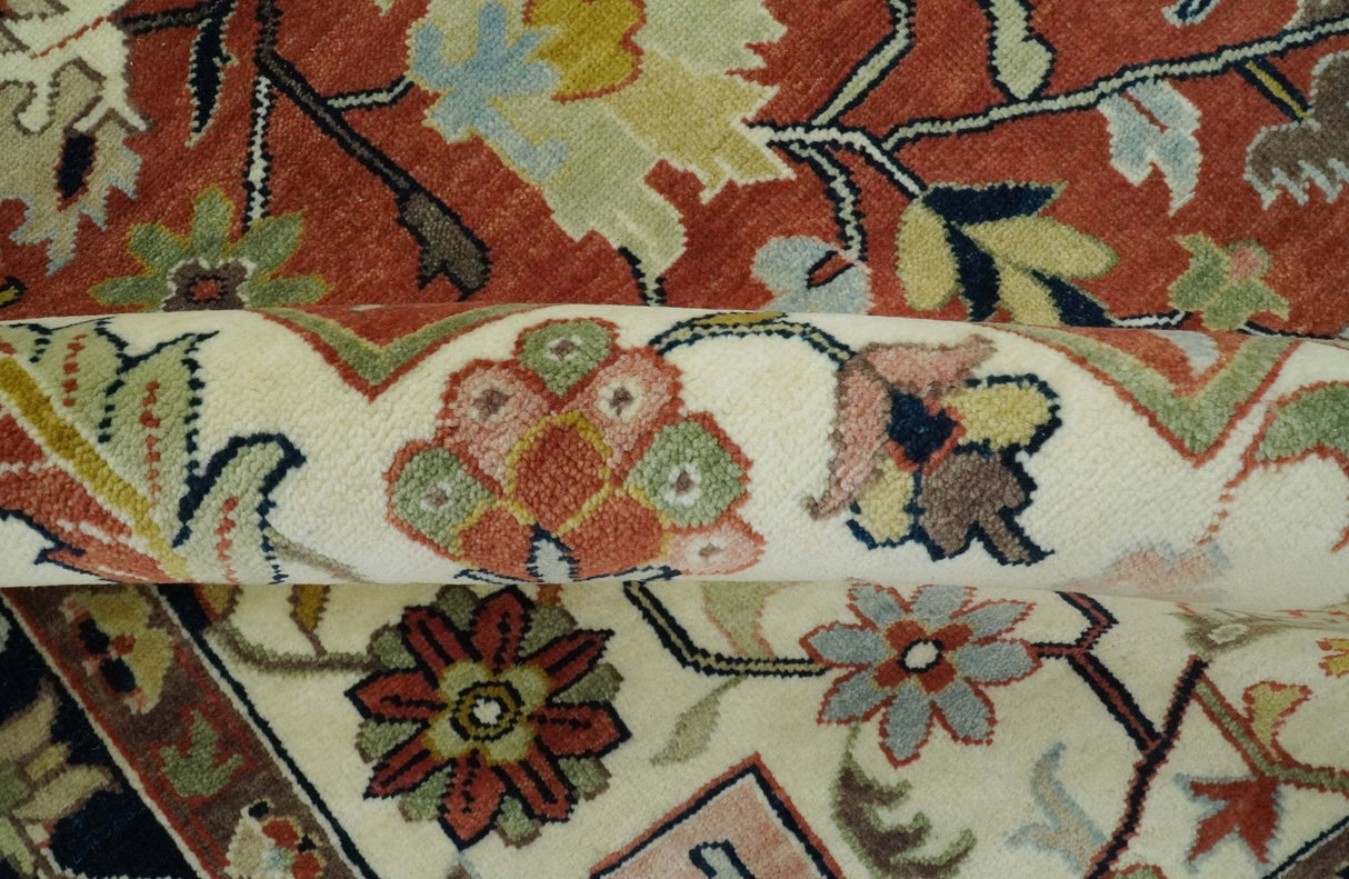 Traditional Floral Rust, Ivory and Blue Fine Hand Knotted 9x12 wool area rug