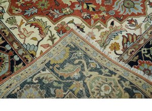 Traditional Floral Rust, Ivory and Blue Fine Hand Knotted 9x12 wool area rug