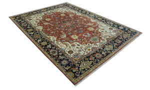 Traditional Floral Rust, Ivory and Blue Fine Hand Knotted 9x12 wool area rug