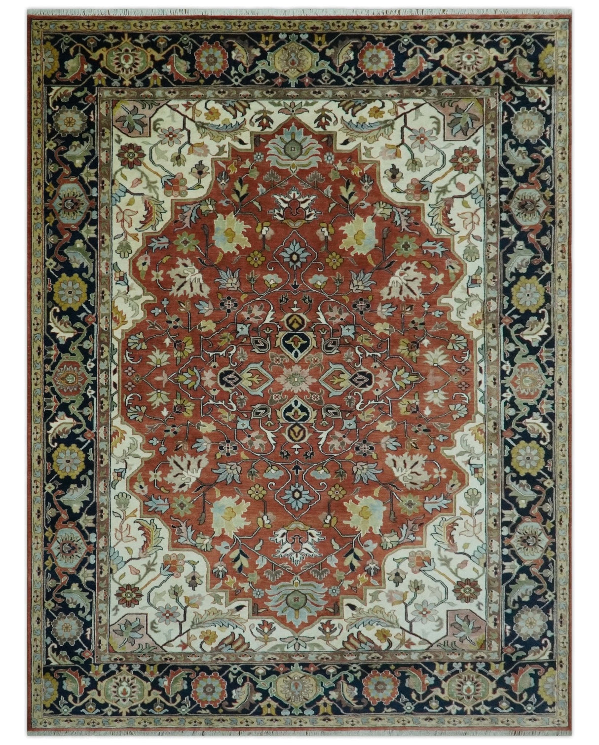 Traditional Floral Rust, Ivory and Blue Fine Hand Knotted 9x12 wool area rug