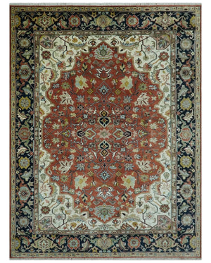 Traditional Floral Rust, Ivory and Blue Fine Hand Knotted 9x12 wool area rug