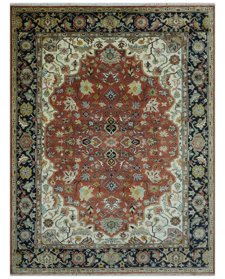 Traditional Floral Rust, Ivory and Blue Fine Hand Knotted 9x12 wool area rug