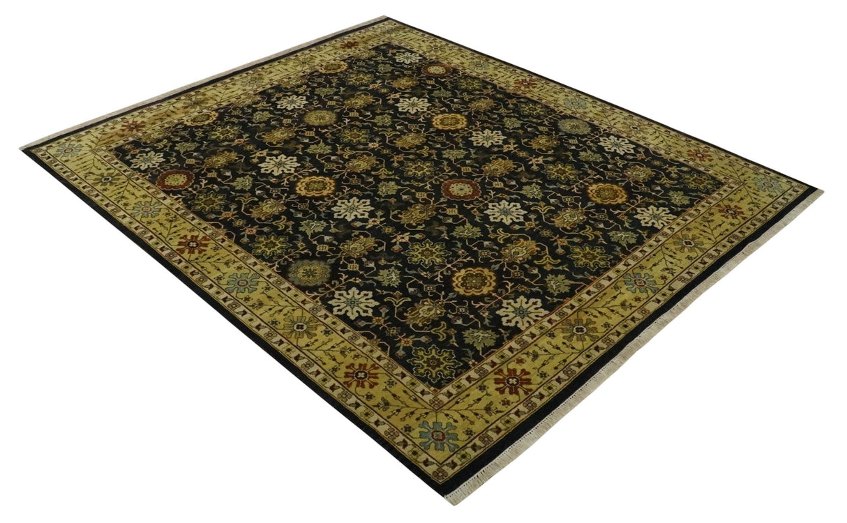 Traditional Floral Vintage Style Black and Olive Hand knotted 8x10 wool area Rug