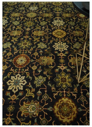 Traditional Floral Vintage Style Black and Olive Hand knotted 8x10 wool area Rug