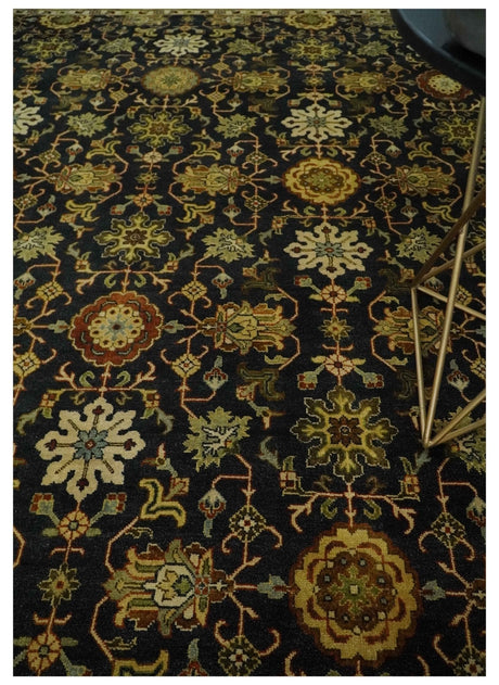 Traditional Floral Vintage Style Black and Olive Hand knotted 8x10 wool area Rug