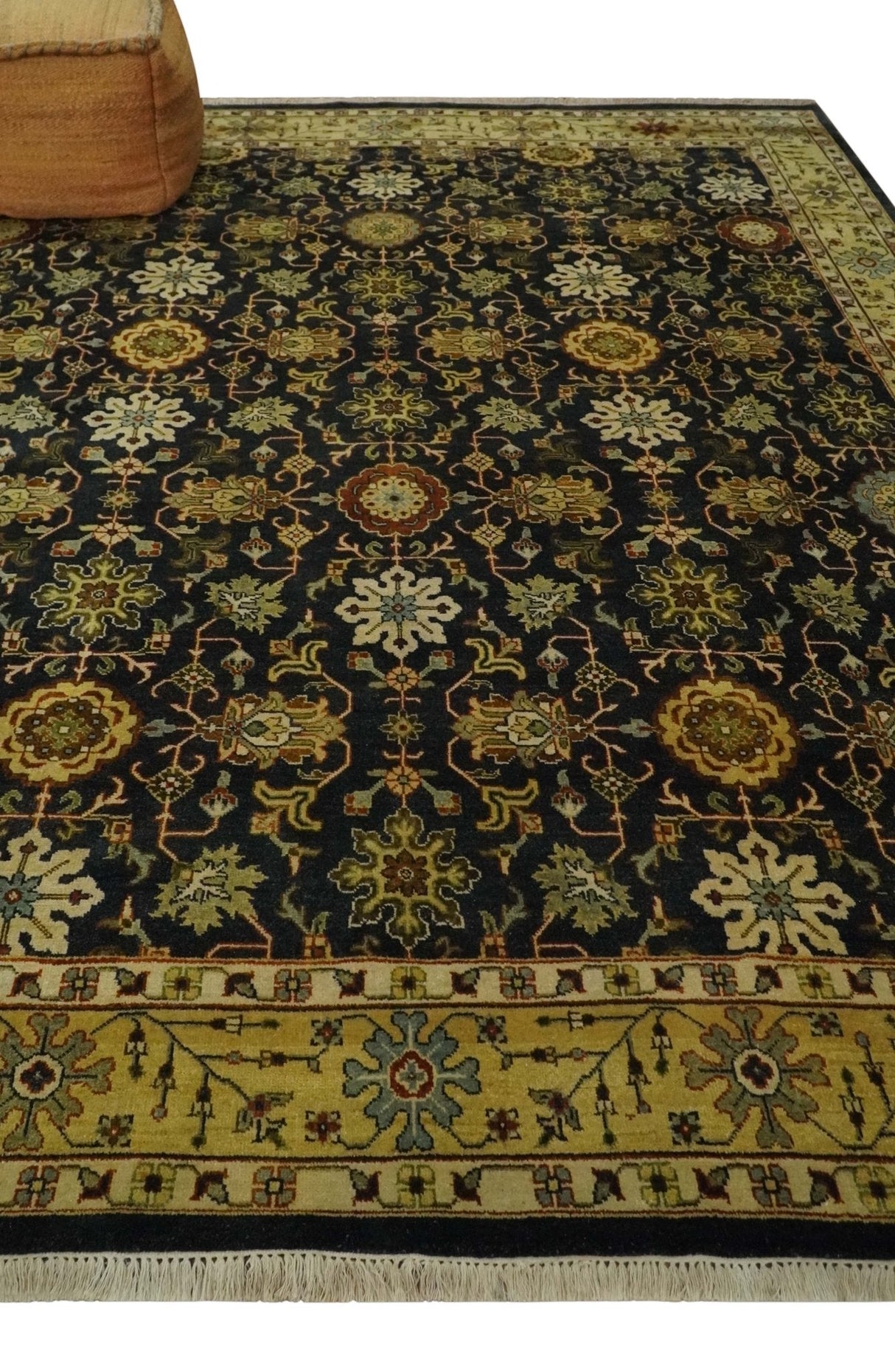 Traditional Floral Vintage Style Black and Olive Hand knotted 8x10 wool area Rug