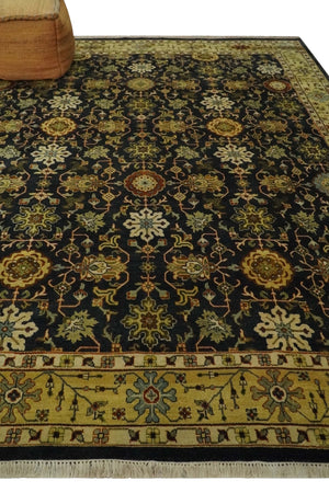 Traditional Floral Vintage Style Black and Olive Hand knotted 8x10 wool area Rug
