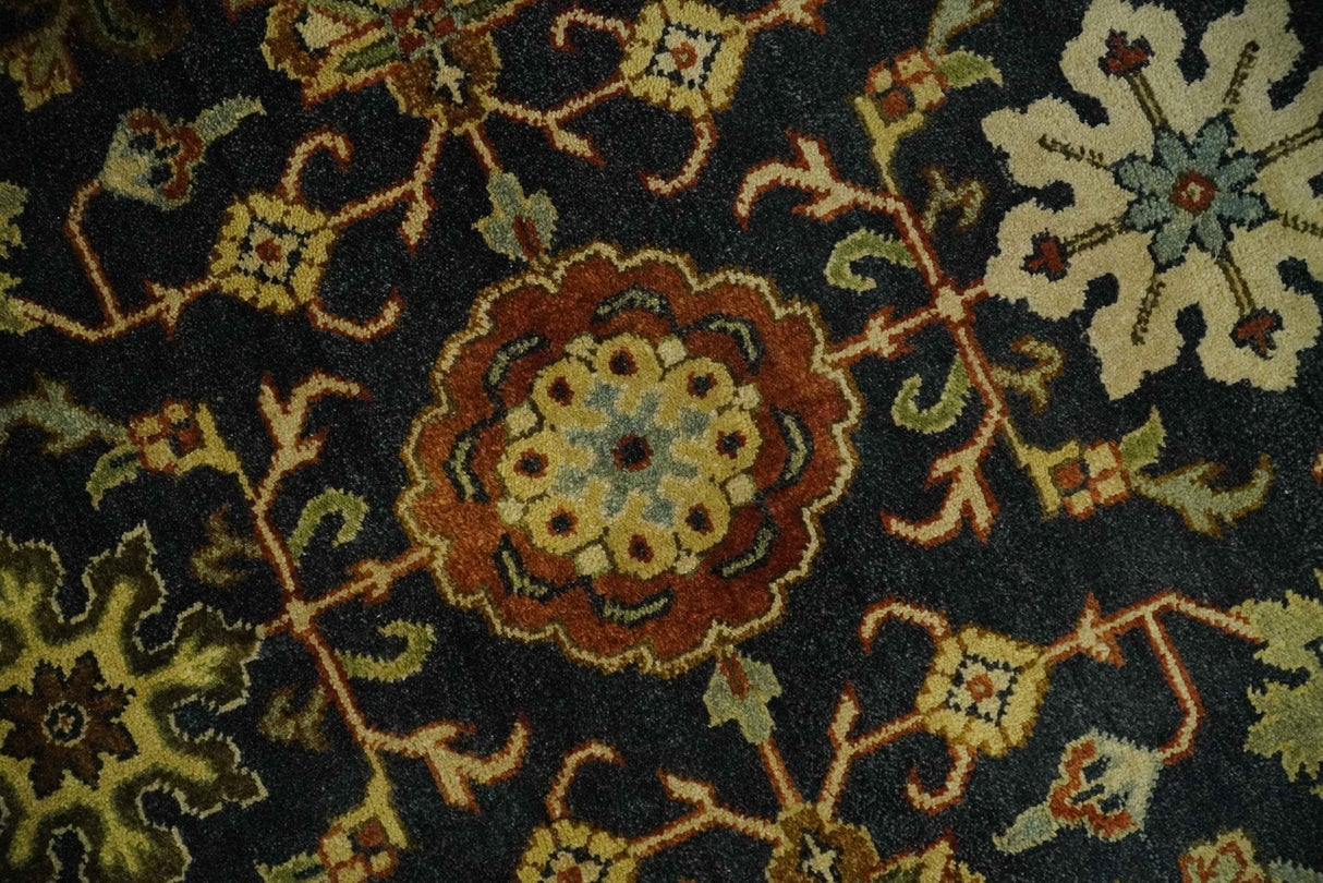 Traditional Floral Vintage Style Black and Olive Hand knotted 8x10 wool area Rug