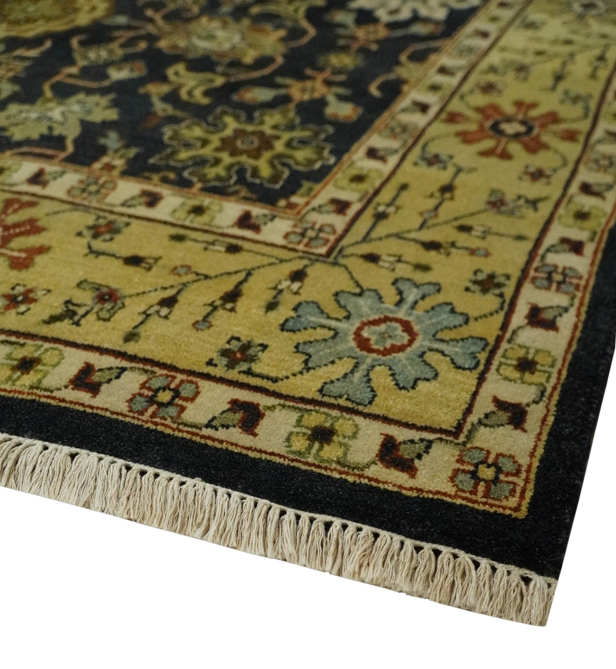 Traditional Floral Vintage Style Black and Olive Hand knotted 8x10 wool area Rug