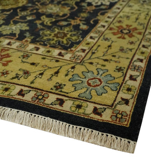 Traditional Floral Vintage Style Black and Olive Hand knotted 8x10 wool area Rug