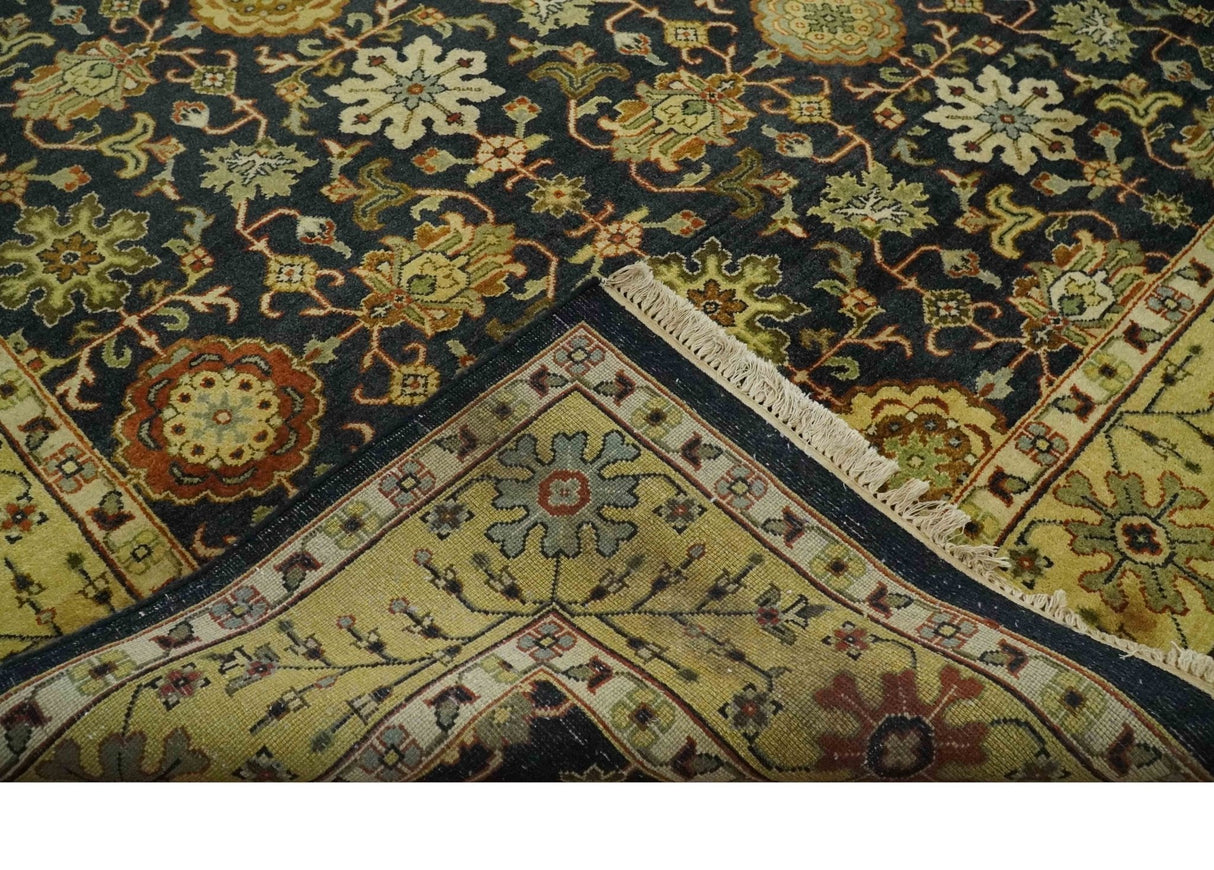 Traditional Floral Vintage Style Black and Olive Hand knotted 8x10 wool area Rug