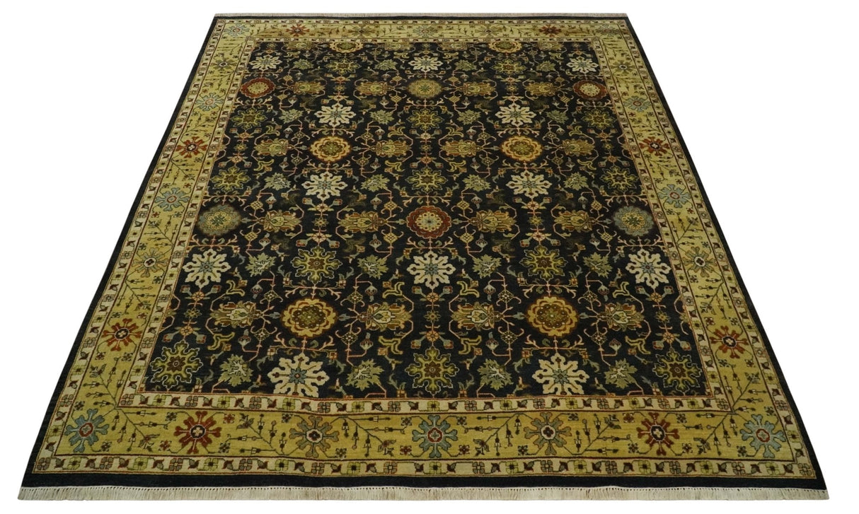 Traditional Floral Vintage Style Black and Olive Hand knotted 8x10 wool area Rug