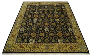 Traditional Floral Vintage Style Black and Olive Hand knotted 8x10 wool area Rug