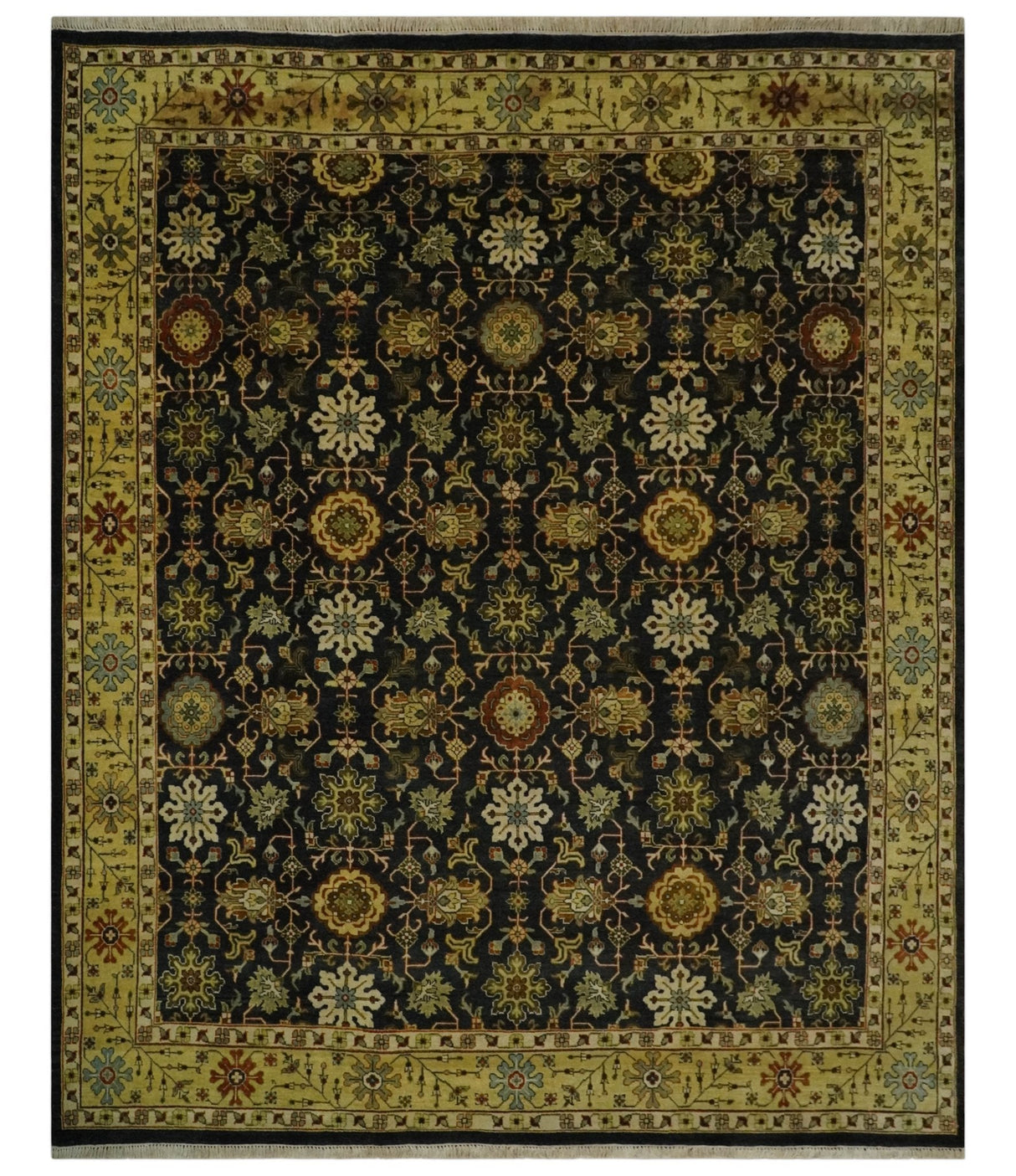 Traditional Floral Vintage Style Black and Olive Hand knotted 8x10 wool area Rug