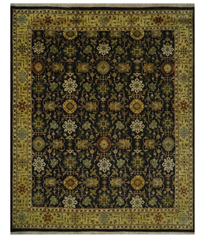 Traditional Floral Vintage Style Black and Olive Hand knotted 8x10 wool area Rug