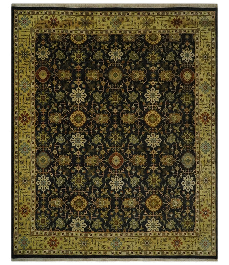 Traditional Floral Vintage Style Black and Olive Hand knotted 8x10 wool area Rug