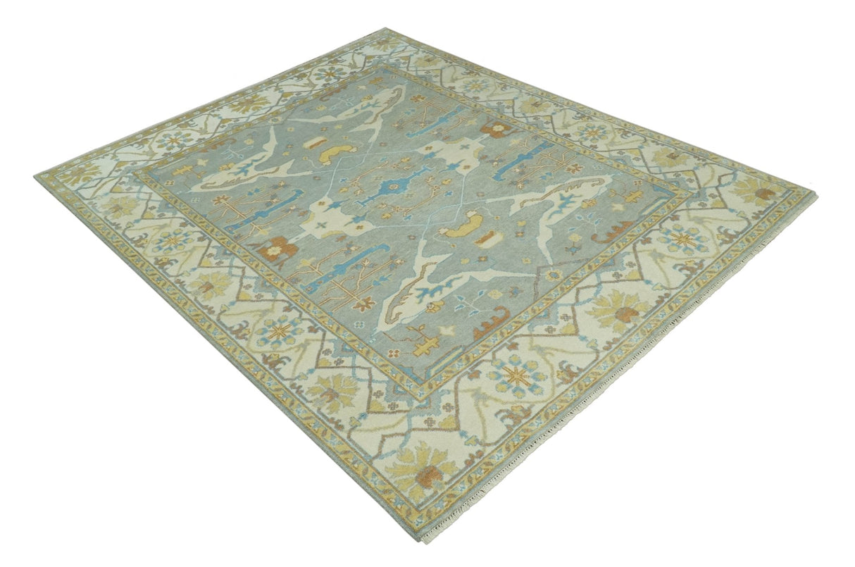 Traditional Hand Knotted Silver and Ivory 8x10 Oriental Oushak wool area rug