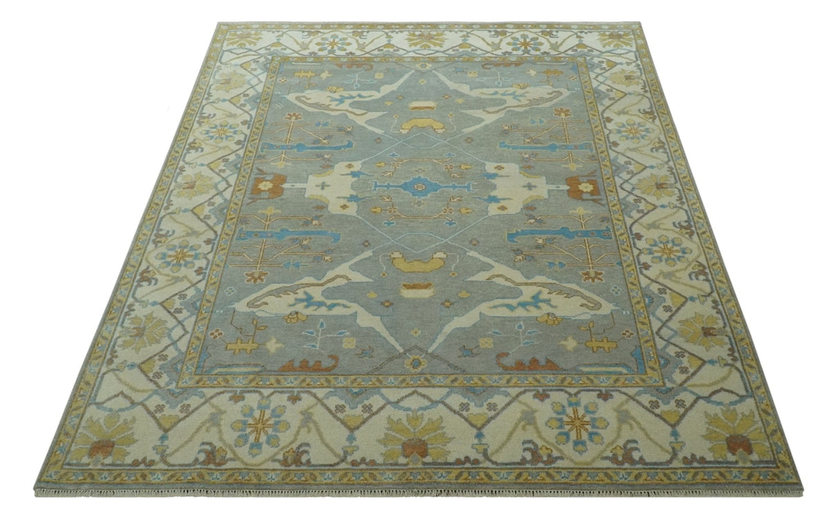 Traditional Hand Knotted Silver and Ivory 8x10 Oriental Oushak wool area rug