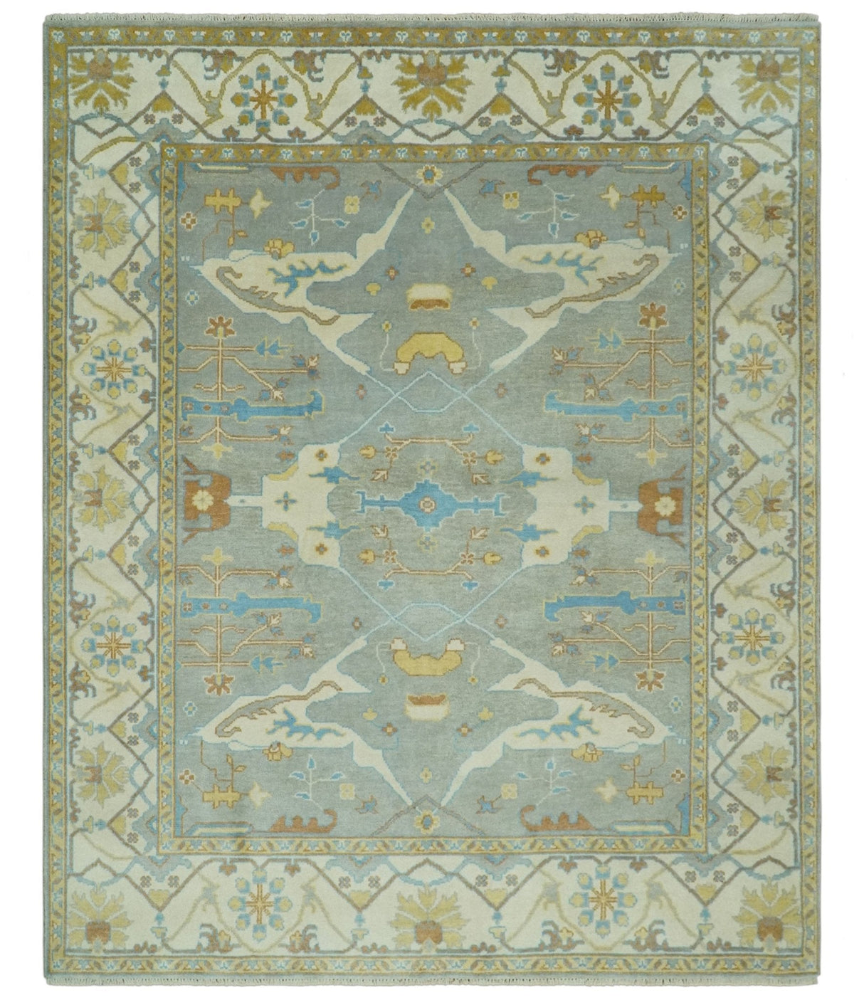Traditional Hand Knotted Silver and Ivory 8x10 Oriental Oushak wool area rug