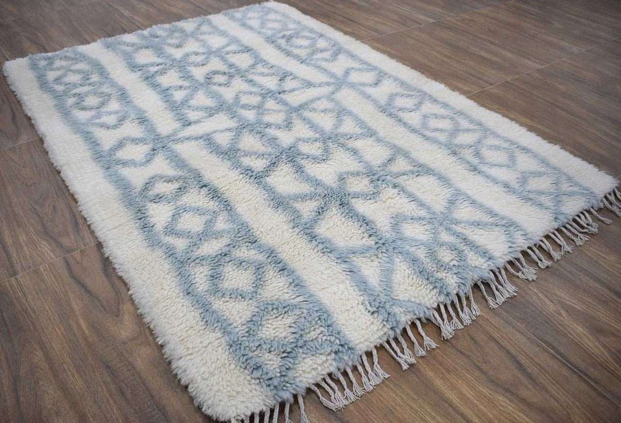 Traditional Hand Made Moroccan Design Wool Light Blue Moroccan Rug