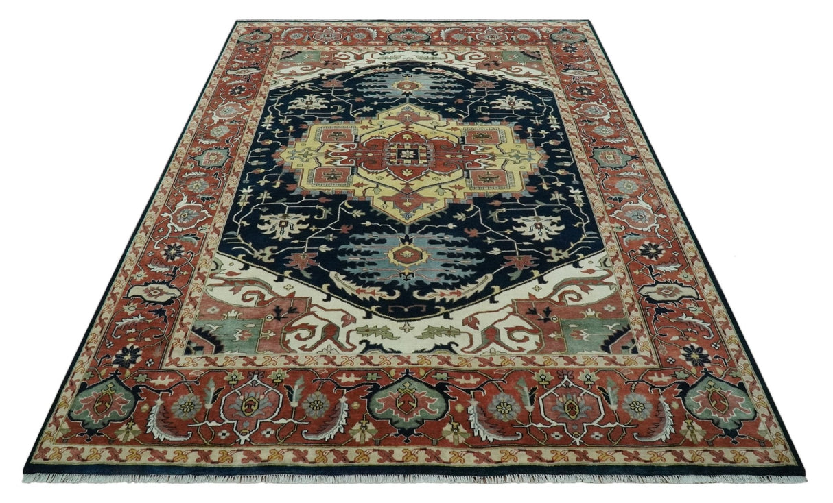 Traditional Heriz Blue, Beige and Rust Fine Hand Knotted 9x12 wool area rug