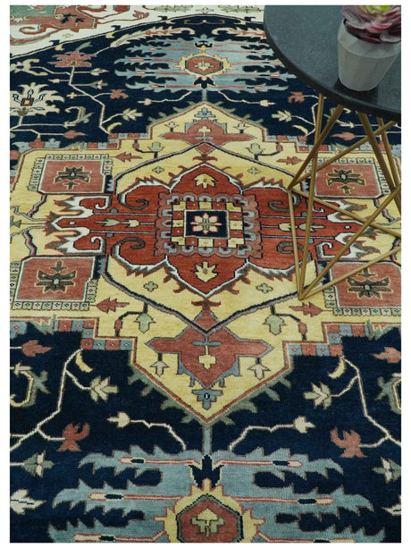 Traditional Heriz Blue, Beige and Rust Fine Hand Knotted 9x12 wool area rug
