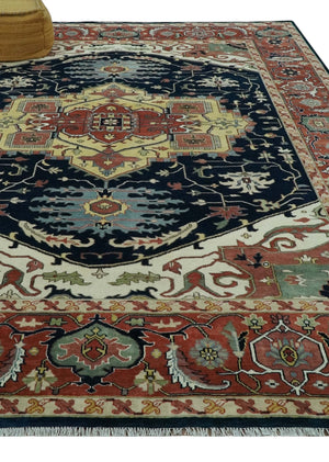 Traditional Heriz Blue, Beige and Rust Fine Hand Knotted 9x12 wool area rug
