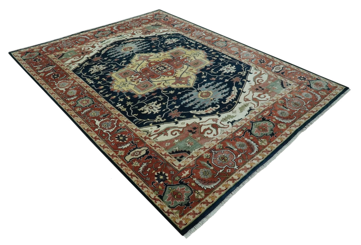 Traditional Heriz Blue, Beige and Rust Fine Hand Knotted 9x12 wool area rug