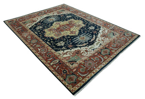 Traditional Heriz Blue, Beige and Rust Fine Hand Knotted 9x12 wool area rug