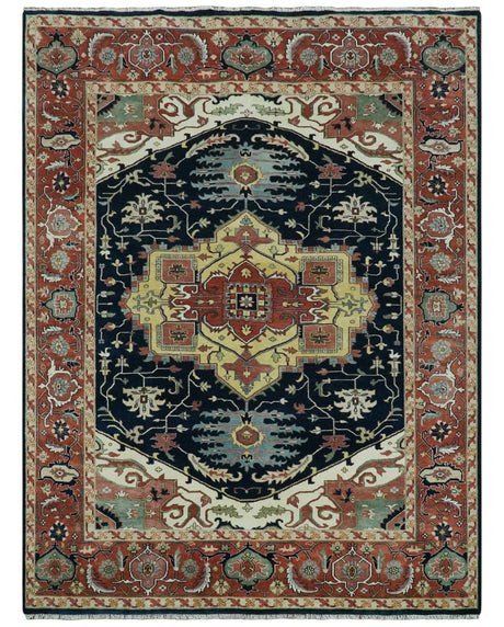 Traditional Heriz Blue, Beige and Rust Fine Hand Knotted 9x12 wool area rug